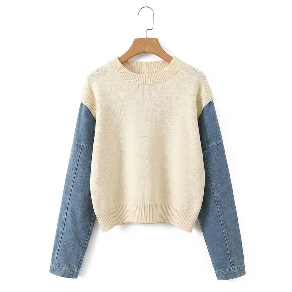 Chompa de Hilo Crema Con Mangas Jean Modelo Coreano Importado Peace And Love