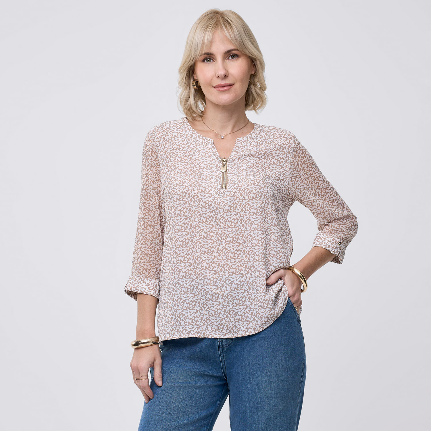 Blusa Mujer Zip Zafin Manga 3/4 Beige S