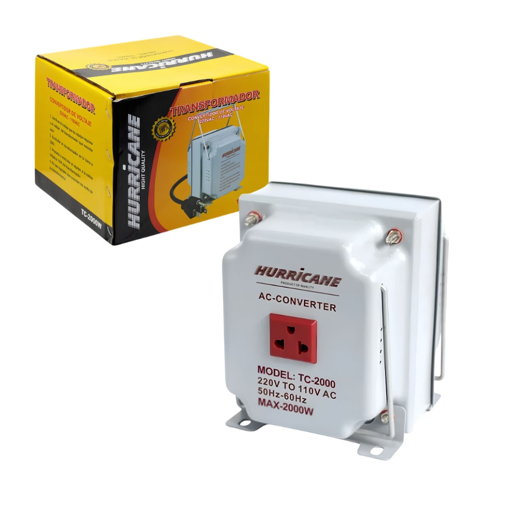 Transformador de Voltaje 2000W 220V a 110V AC Tomacorriente Universal HURRICANE TC-2000