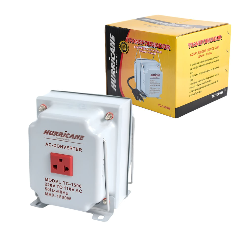Transformador de Voltaje 1500W 220V a 110V AC Tomacorriente Universal HURRICANE TC-1500