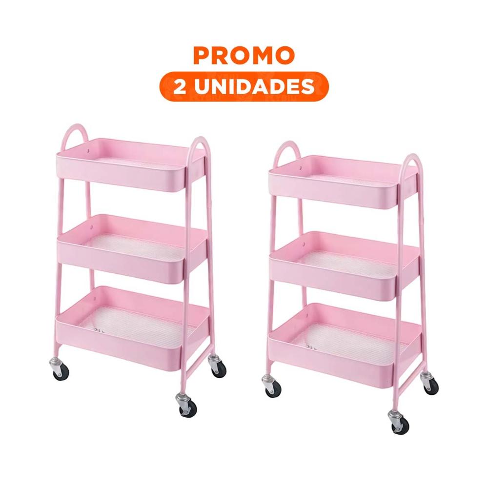 Pack2 Bandeja movil 3 niveles con ruedas y asas metal rosado para sala y cocina
