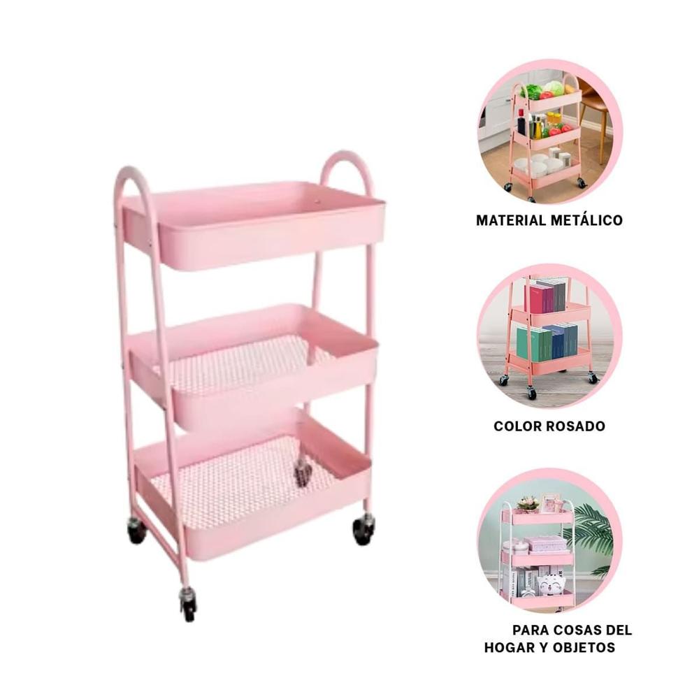 Organizador sencillo 3 niveles con ruedas y asas metal rosado funcional Y Ligas Regalo