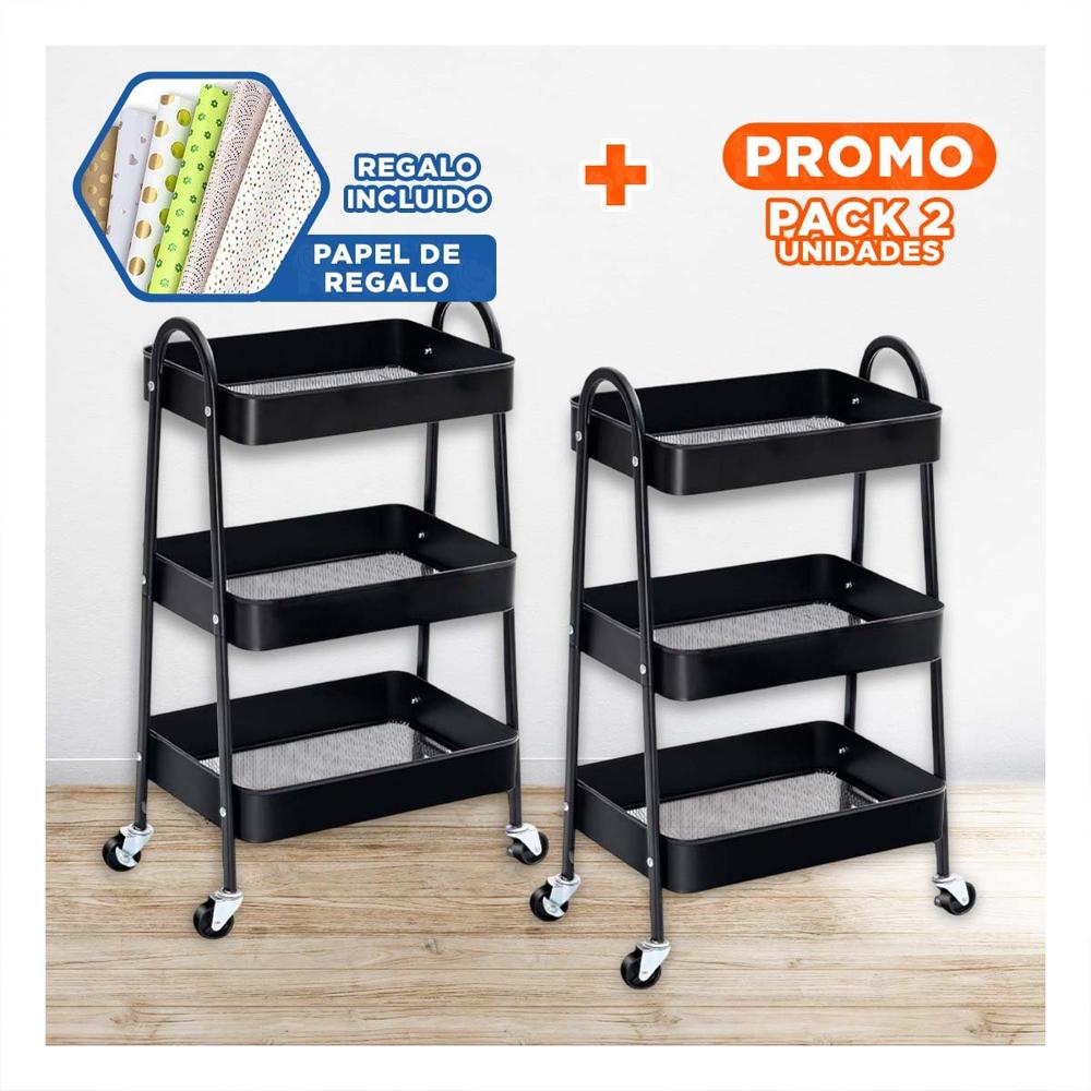 Pack4 Rack rodante 3 niveles con ruedas y asas metal negro para organizar Y Regalo Sticker