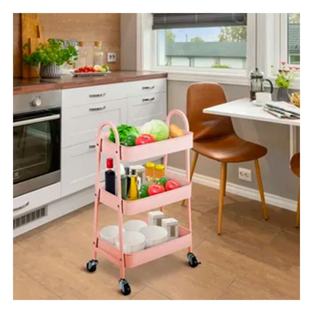 Mueble compacto 3 niveles con ruedas y asas metal rosado para oficina Y notas