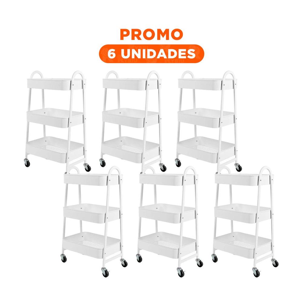 Pack6 Estante movil 3 niveles con ruedas y asas metal blanco para decoracion