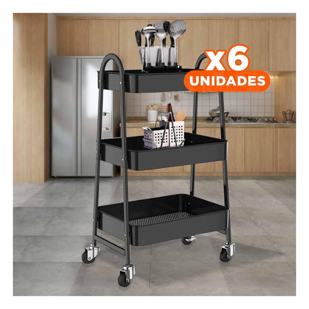 Pack6 Repisa compacta 3 niveles con ruedas y asas metal negro para cocina Y Regalo Sticker