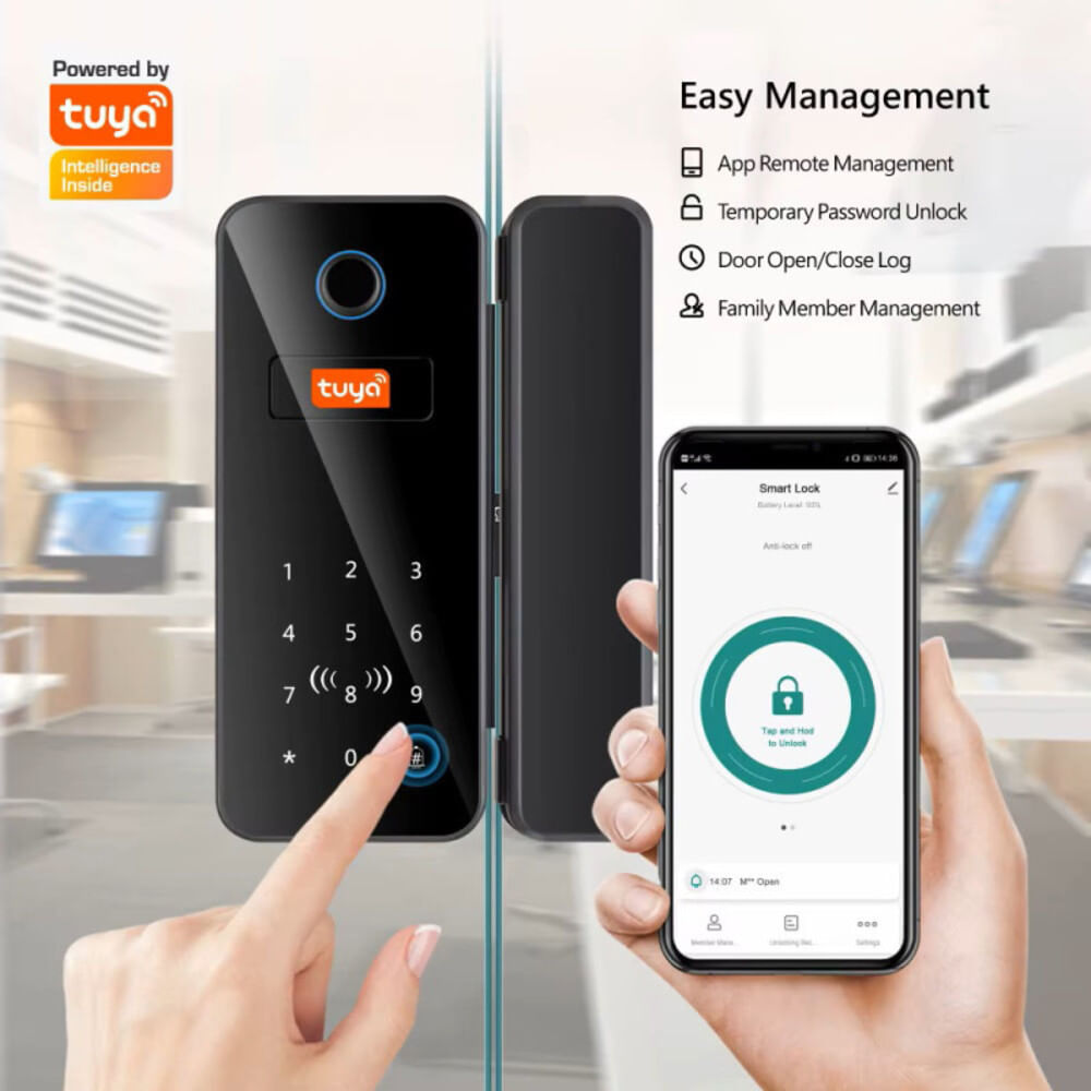 Cerradura Smart para puertas de cristal TUYA PST GL B12 Bluetooth WIFI con Acceso Remoto