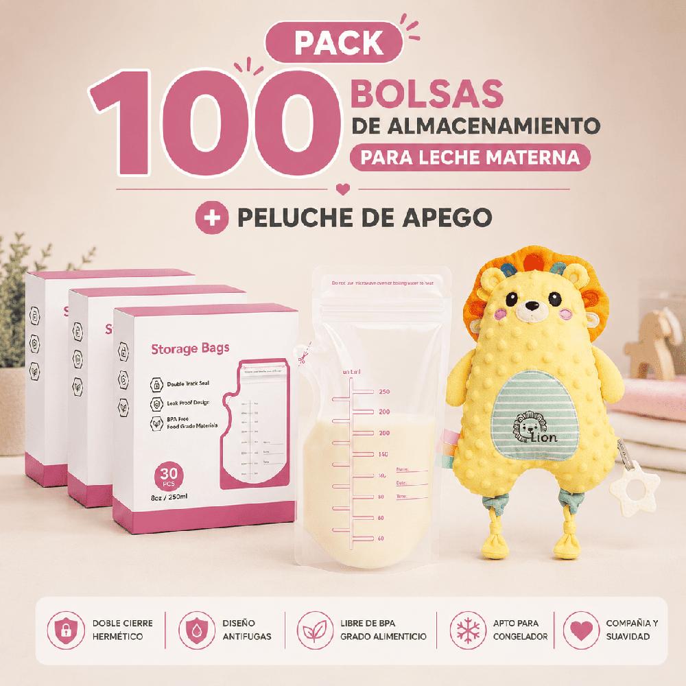 Pack 100 Bolsas para Leche Materna 250 ml Peluche de apego León Bebé