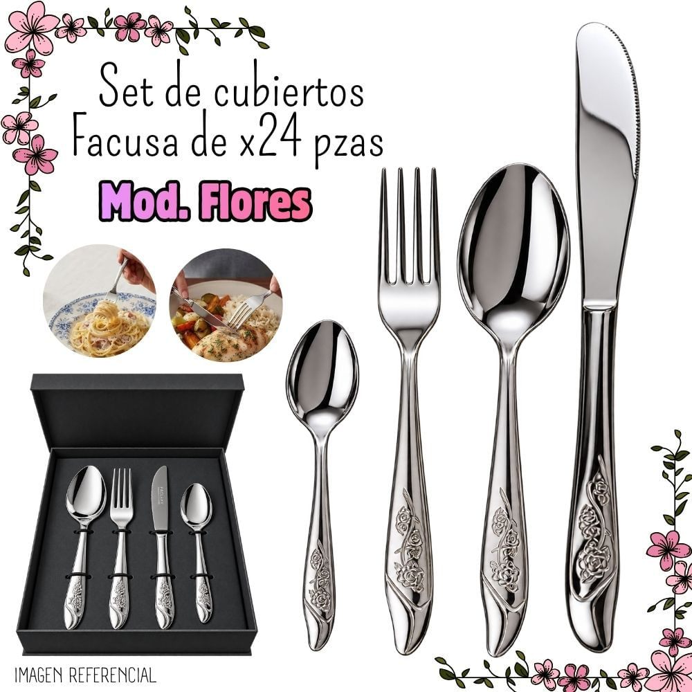 Set de cubiertos De Mesa Facusa de x24 pzas Mod. Flores