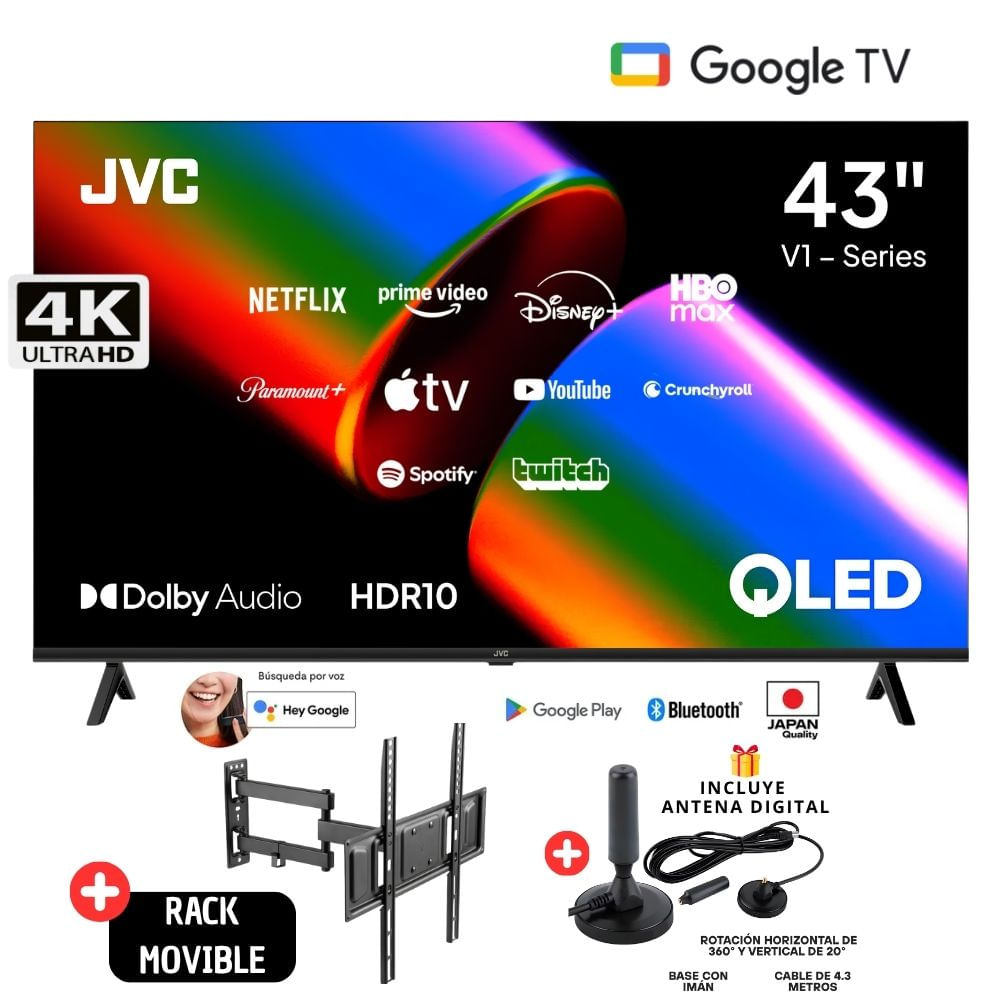 TELEVISOR JVC 43 QLED UHD 4K GOOGLE TV LT-43KB758 - Rack Movible