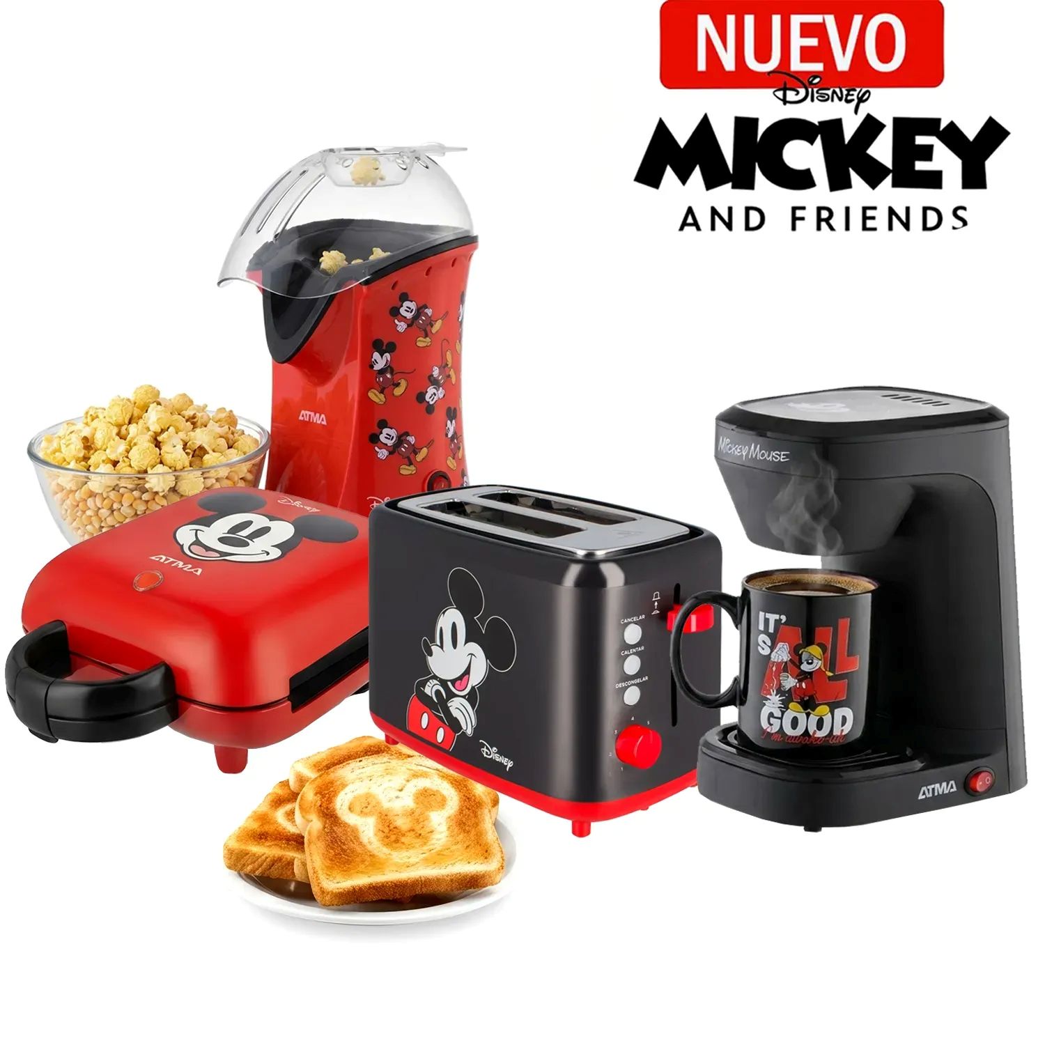 COMBO ATMA MICKEY DISNEY WAFLERA SANDWICHERA-TOSTADORA ELÉCTRICA-CAFETERA ELÉCTRICA-POPCORN