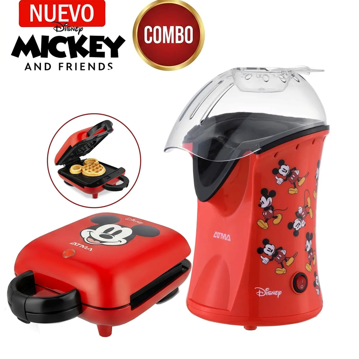 COMBO Waflera Sandwichera Atma de Mickey Disney - Pop Corn Maker Canchita Sin Aceite Atma Disney