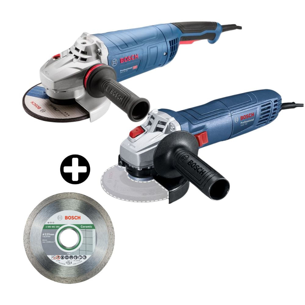COMBO Bosch: Amoladora Gws25-180 7" 2500w + Amoladora Gws7004 1/2" 710w + Disco de Corte Diamantado Standard 115mm para Cerámica y Azulejos