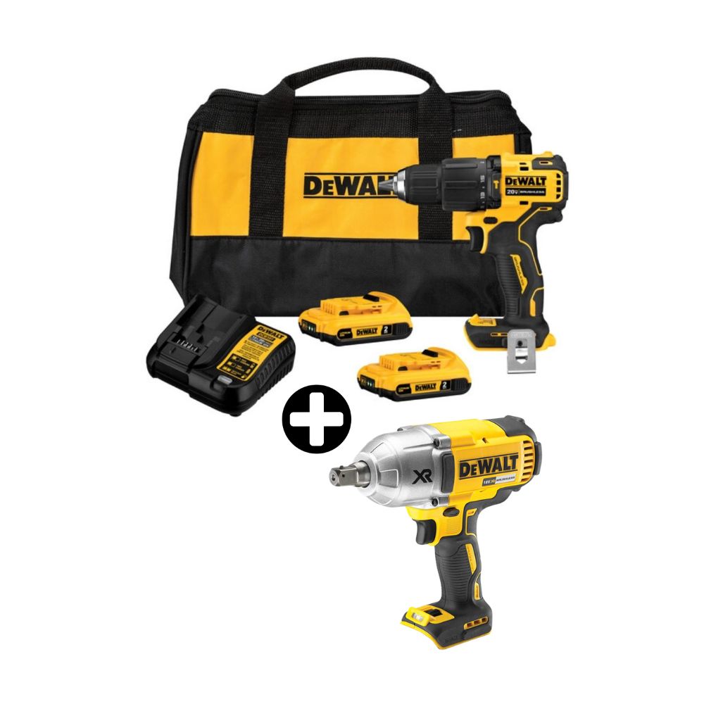 COMBO Dewalt: Taladro Percutor 1/2" 20V BRUSHLESS ATOMIC DCD709D2 + Llave de Impacto 1/2" 20V BRUSHLESS DCF899B (Sin Bateria)