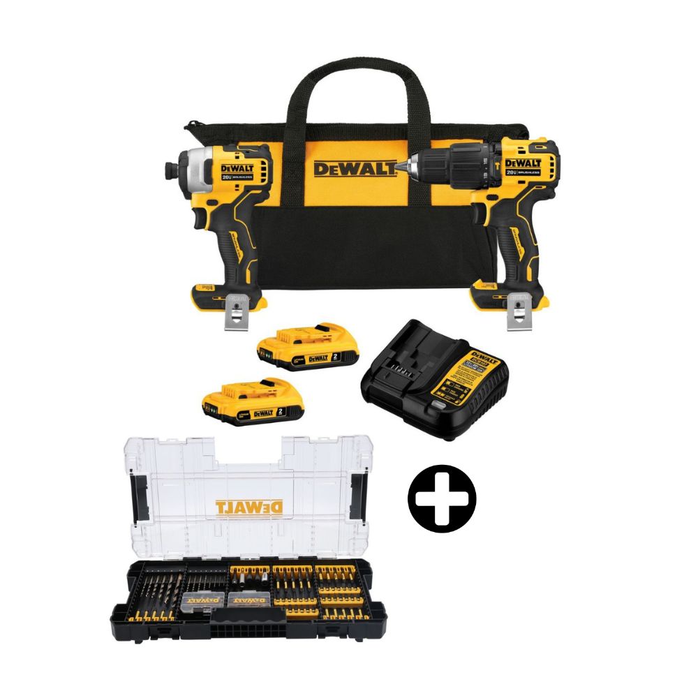 COMBO Dewalt: Taladro Percutor 20V + Atornillador Brushless 2 baterías 2Ah DCK279D2B2 + Set de Puntas de Destornillador Impacto 100 Piezas