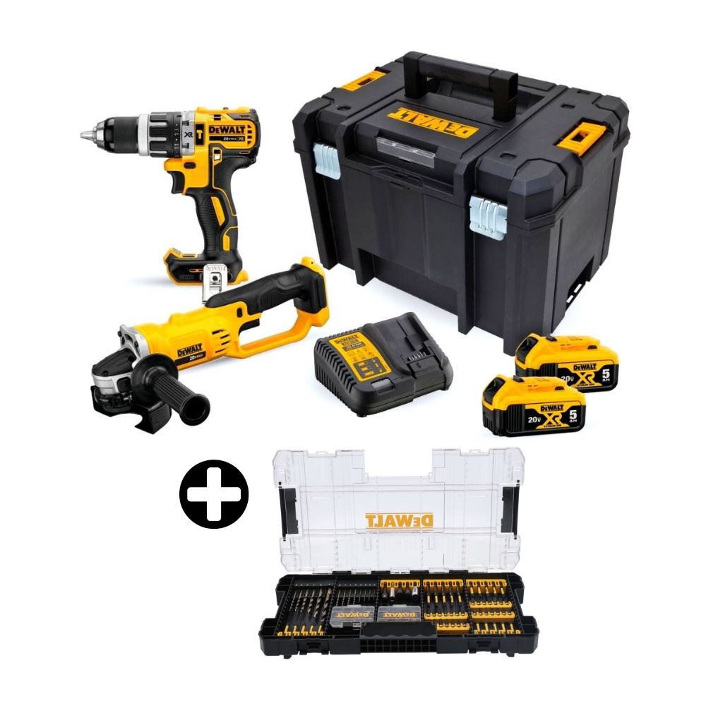 COMBO Dewalt: Taladro Percutor 1/2" 20V + Esmeril Angular 4-1/2" 20V DCK209P2T + Set de Puntas de Destornillador Impacto 100 Piezas