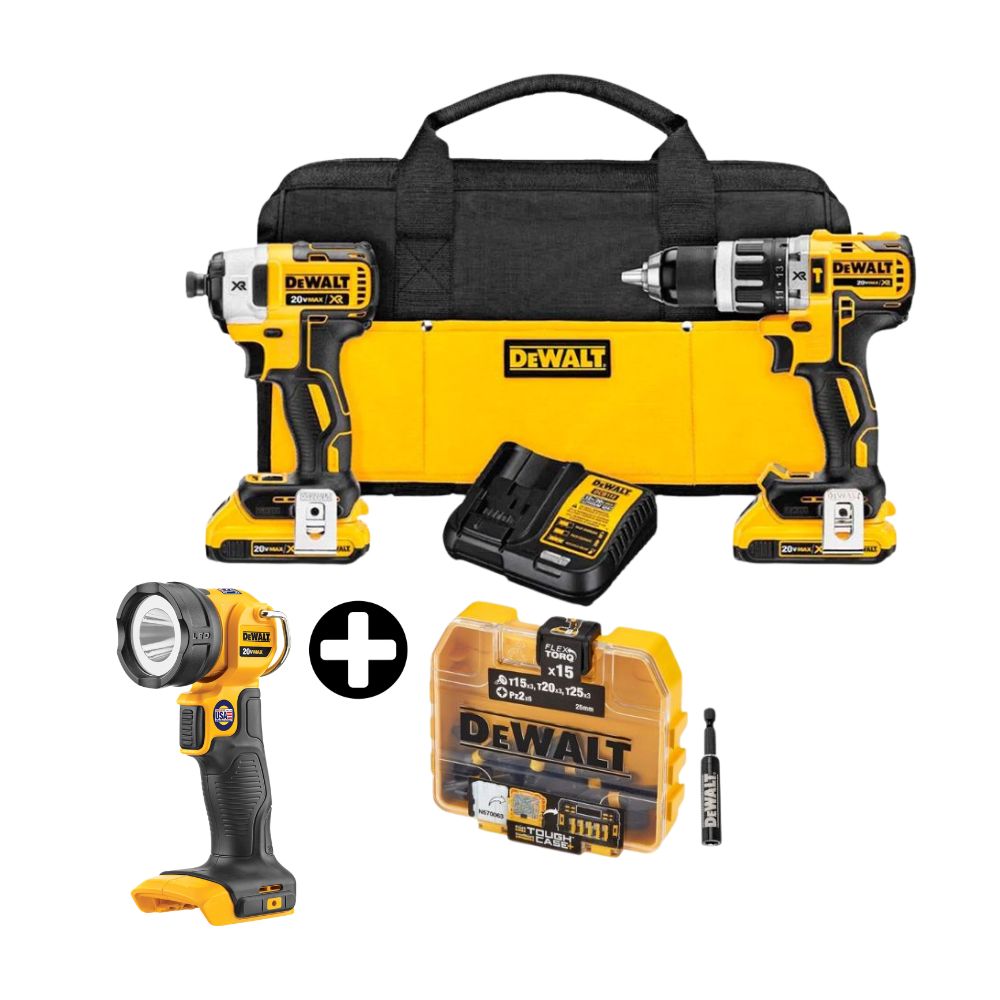 COMBO Dewalt: Taladro Percutor y Atornillador de Impacto 20V Modelo DCD796 y DCF887 + Linterna LED Modelo DCL040 20V Amarillo Poliamida