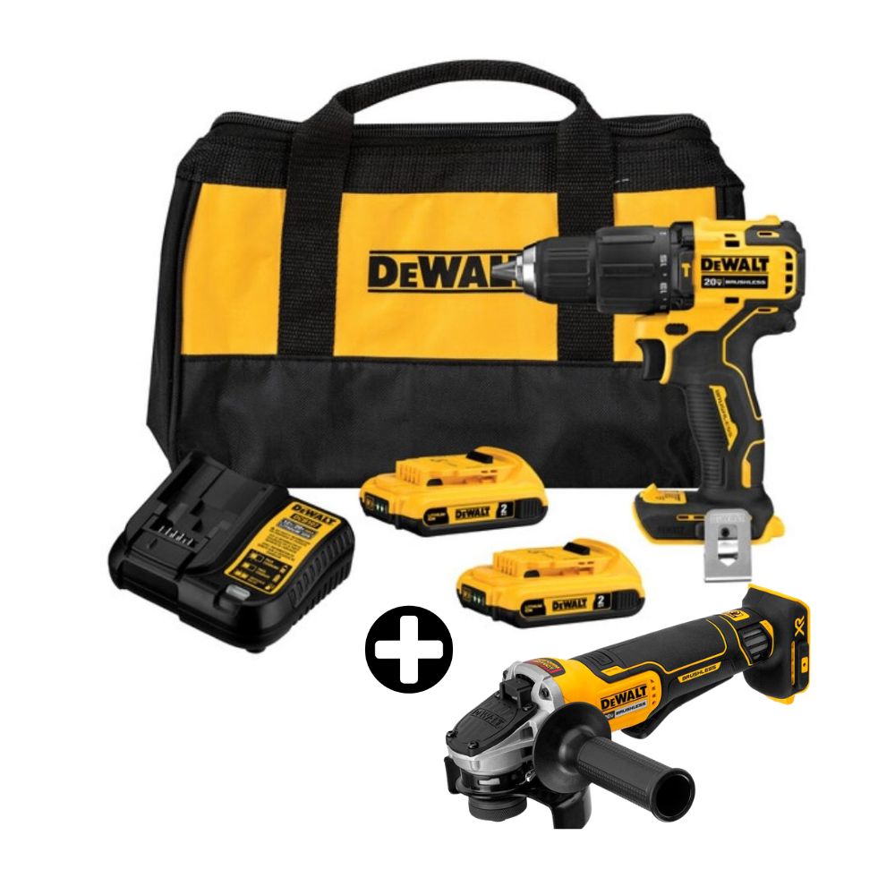 COMBO Dewalt: Taladro Percutor 1/2" 20V BRUSHLESS ATOMIC DCD709D2 + Amoladora Angular 4-1/2" 20V BRUSHLESS DCG413B (Sin Bateria)