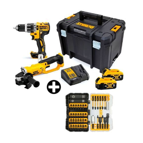 COMBO Dewalt: Taladro Percutor 1/2" 20V + Esmeril Angular 4-1/2" 20V DCK209P2T + Set de 40 Piezas Flex Torq - Toughcase