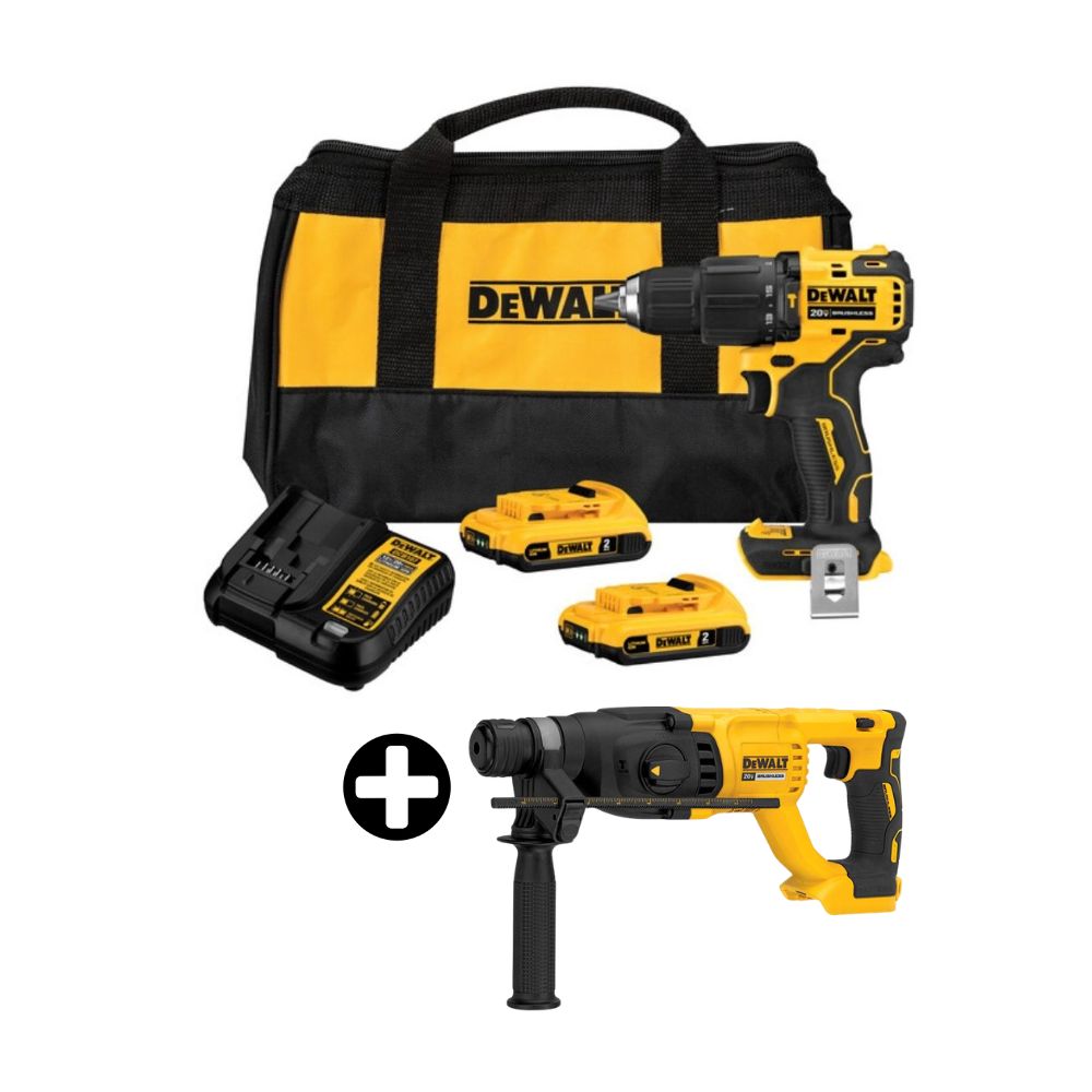 COMBO Dewalt: Taladro Percutor 1/2" 20V BRUSHLESS ATOMIC DCD709D2 + Rotomartillo SDS Plus 20V Modelo DCH133B Amarillo