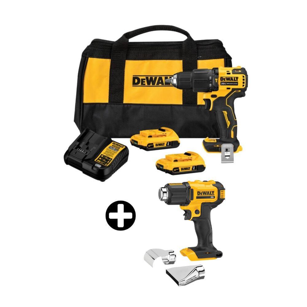 COMBO Dewalt: Taladro Percutor 1/2" 20V BRUSHLESS ATOMIC DCD709D2 + Pistola de Calor 20V DCE530B (Sin Bateria)