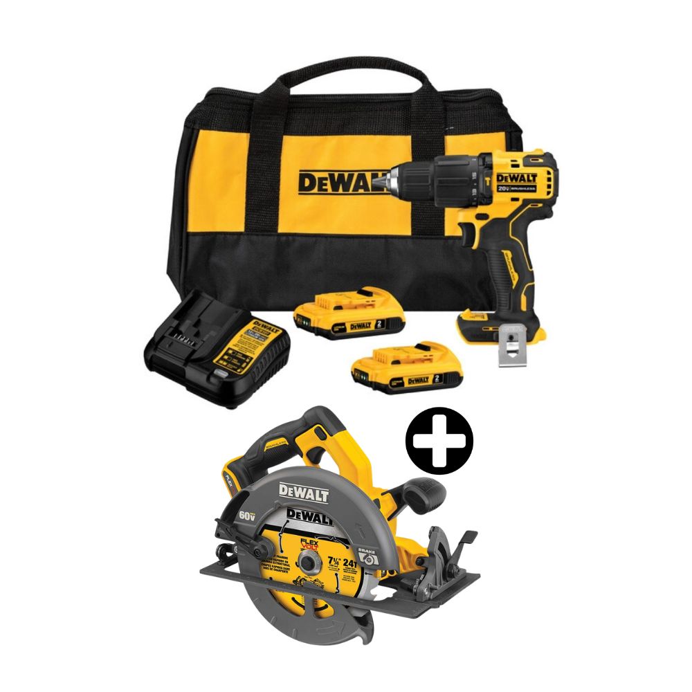COMBO Dewalt: Taladro Percutor 1/2" 20V BRUSHLESS ATOMIC DCD709D2 + Sierra Circular 7-1/4" 60V FLEXVOLT BRUSHLESS DCS578B (Sin Bateria)