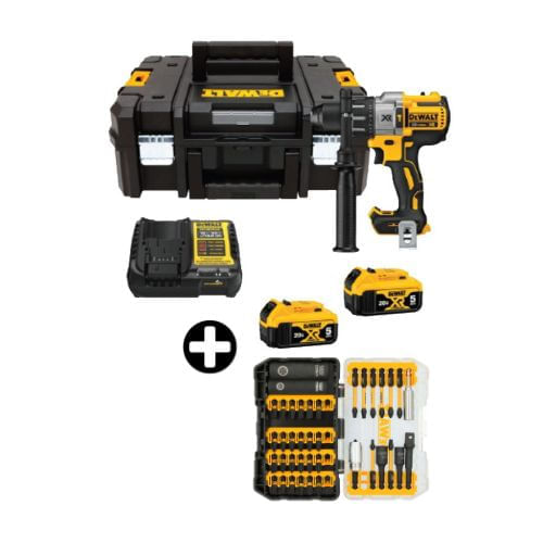 COMBO Dewalt: Taladro Percutor DCD996P2T-B2 20v-3v Brushless + 2 Bateria 5Ah + Maleta Tstack + Set de 40 Piezas Flex Torq - Toughcase