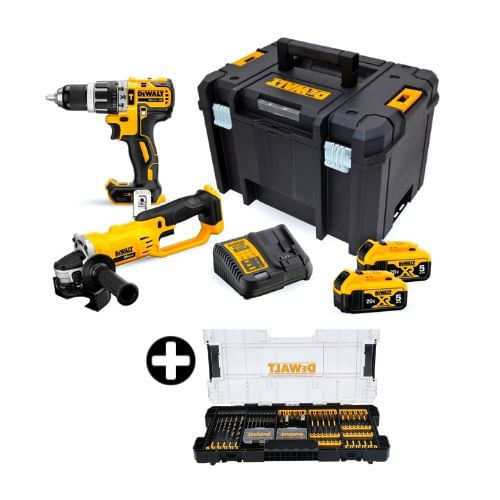 COMBO Dewalt: Taladro Percutor 1/2" 20V + Esmeril Angular 4-1/2" 20V DCK209P2T +Set de Puntas de Destornillador Impacto 100 Piezas