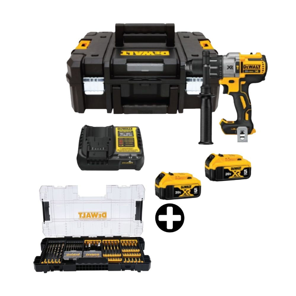 COMBO Dewalt: Taladro Percutor DCD996P2T-B2 20v-3v Brushless + 2 Bateria 5Ah + Maleta Tstack + Set de Puntas de Destornillador Impacto 100 Piezas