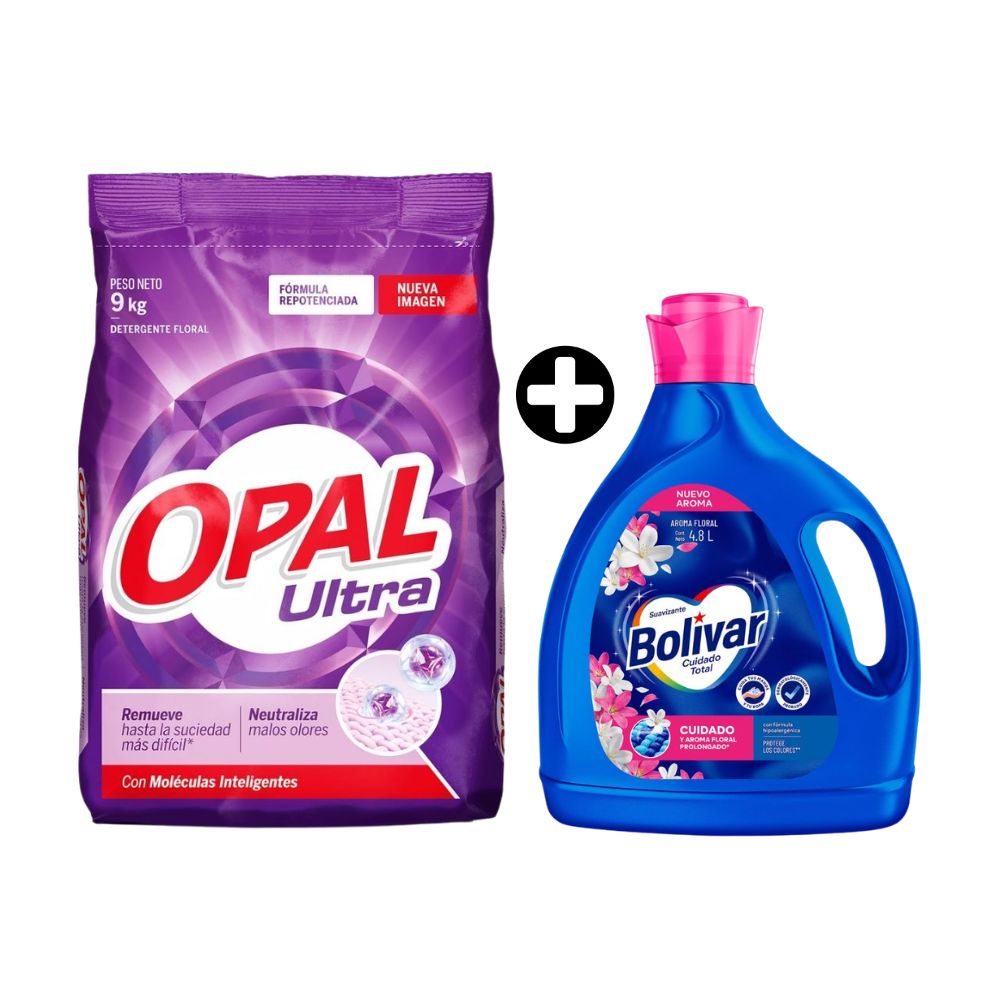 COMBO Detergente en Polvo Opal Ultra 9kg + Suavizante Bolivar Floral 4.8 Lt