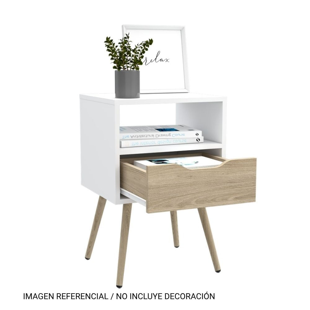 Velador 1 Cajón Otom Blanco y Rovere 63x40x35 Tuhome
