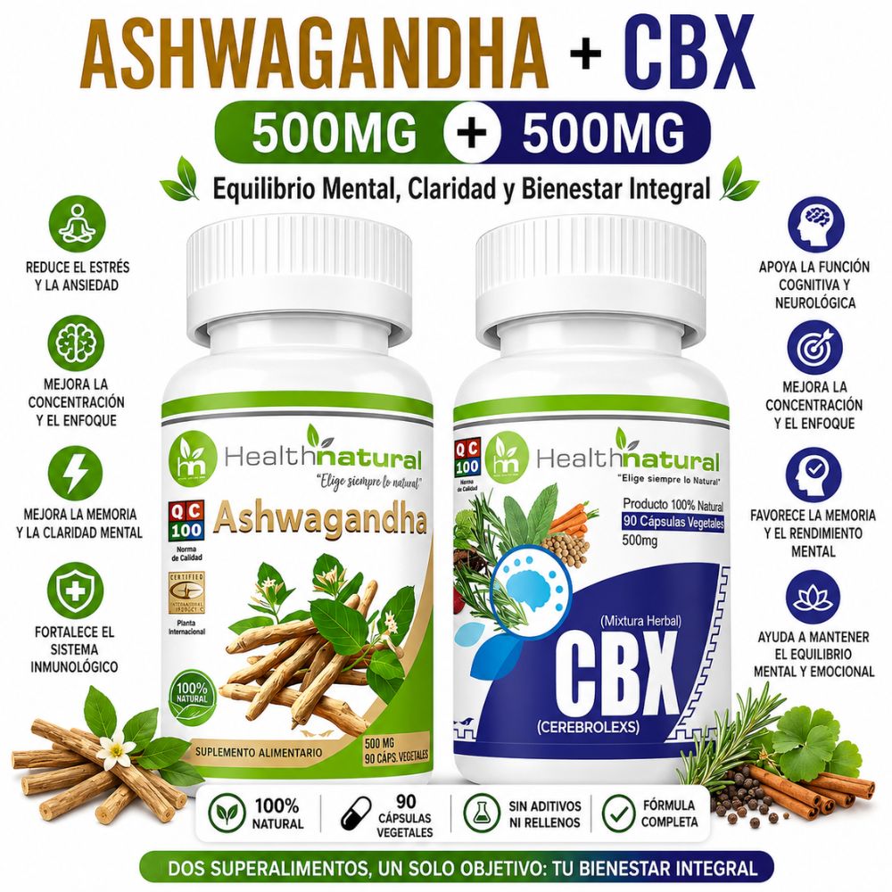ASHWAGANDHA HEALTHNATURAL Y CBX EREBROLEXS HEALTHNATURAL 500MG