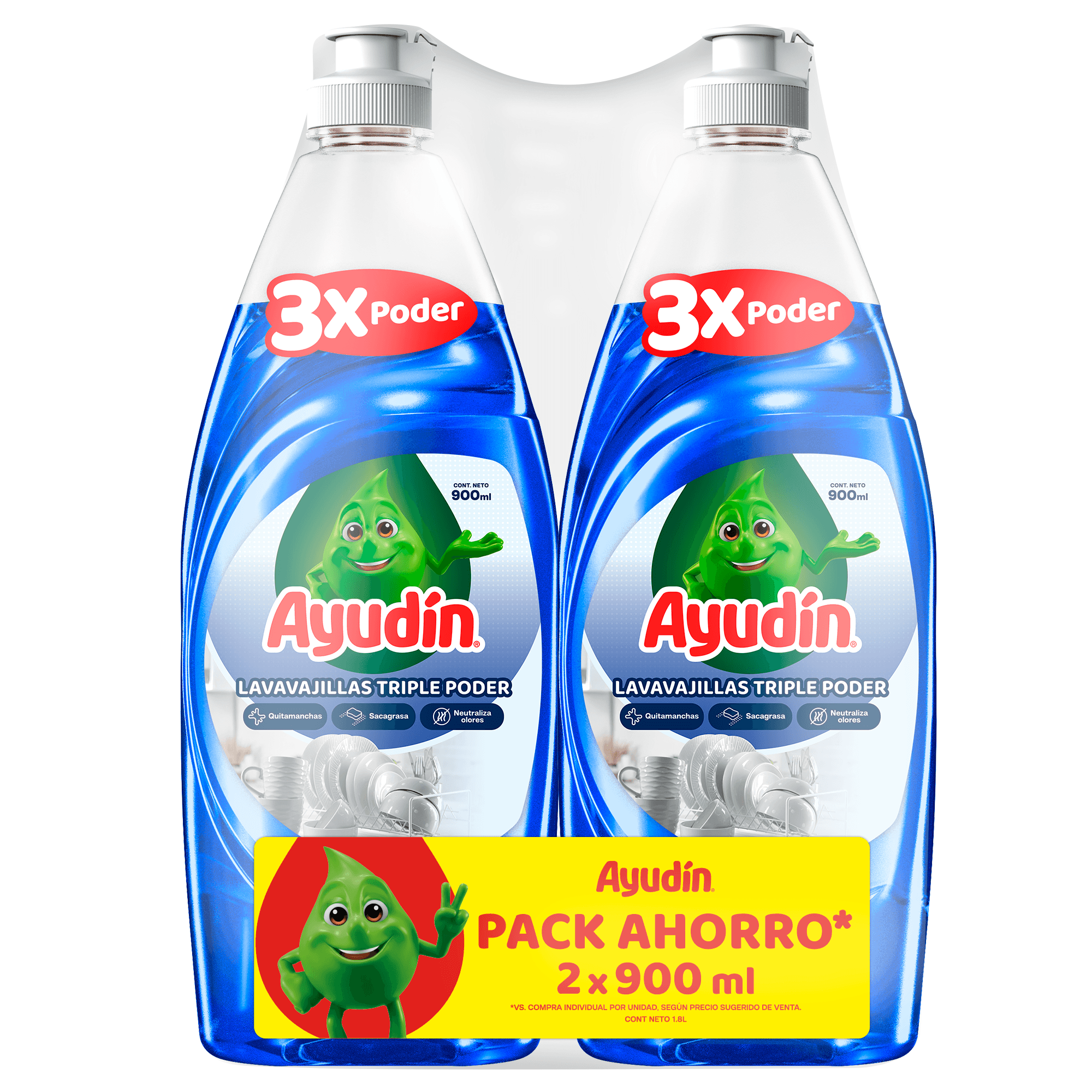 Lavavajilla Líquido AYUDÍN Triple Poder Botella 900ml Pack 2un