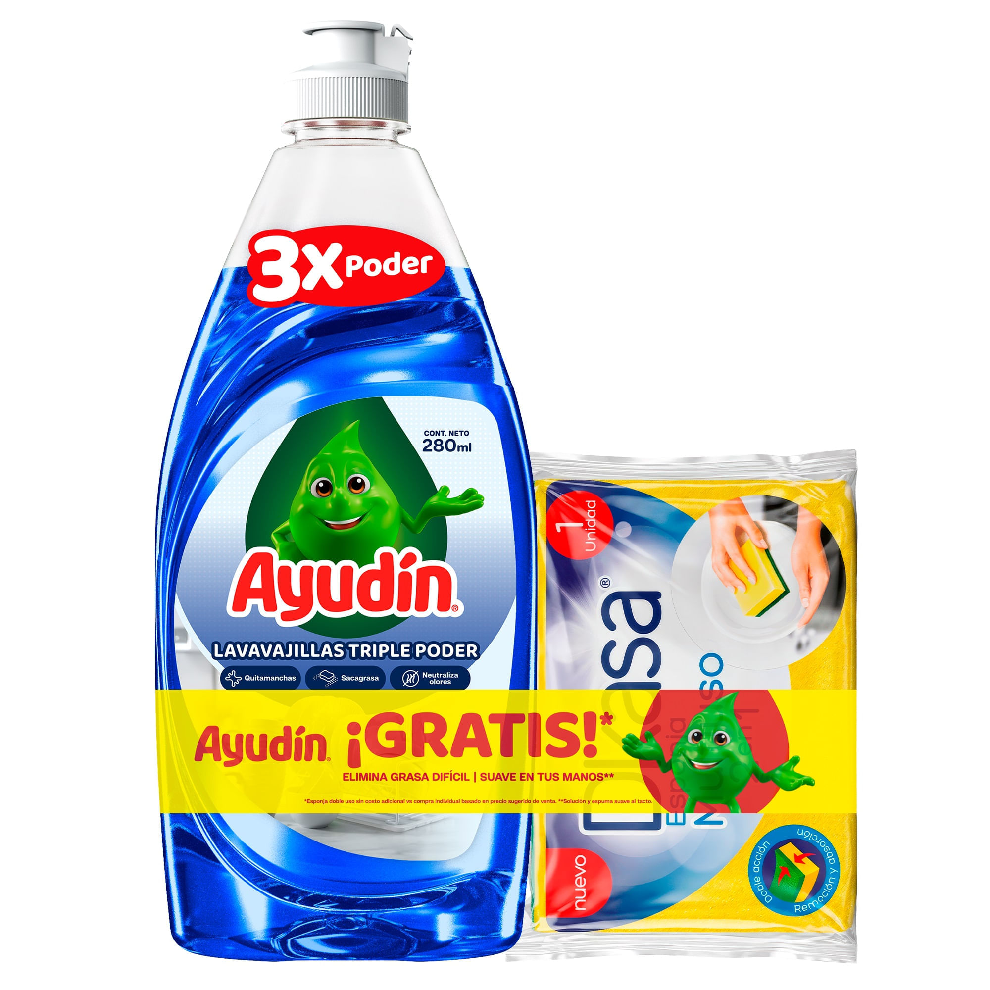 Lavavajilla Líquido AYUDÍN Tripler Poder Botella 280ml + Esponja