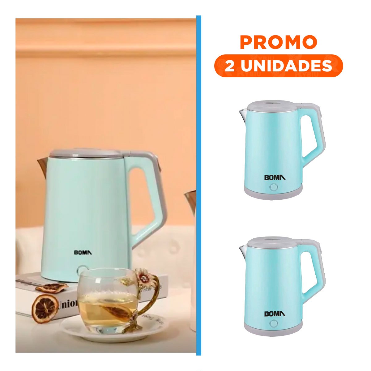 Pack2 Tetera Electrica Moderna con Base Giratoria y Cierre Seguro 2.3L Celeste Y Regalo Sticker