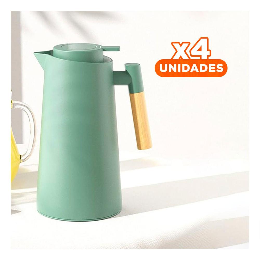 Pack4 Jarra Termo 1L Verde Agua con Mango de Madera Ideal para Cafe Diario YRegalo Sticker