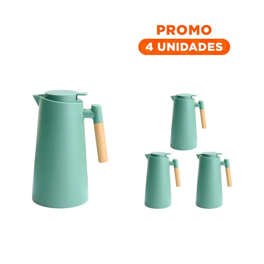Pack4 Recipiente Termo 1L Color Verde Agua con Mango de Madera Facil de Transportar y Usar