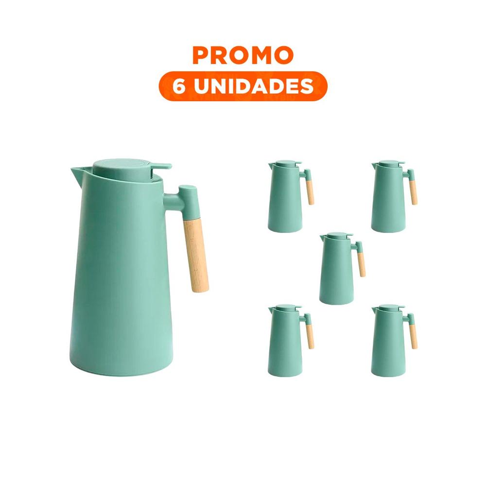 Pack6 Recipiente Termo 1L Verde Agua con Mango de Madera Facil de Usar YRegalo Sticker