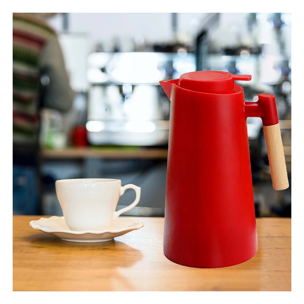 contenedor Termo 1L Color Rojo con Mango de Madera Resistente y Elegante para Uso Diario