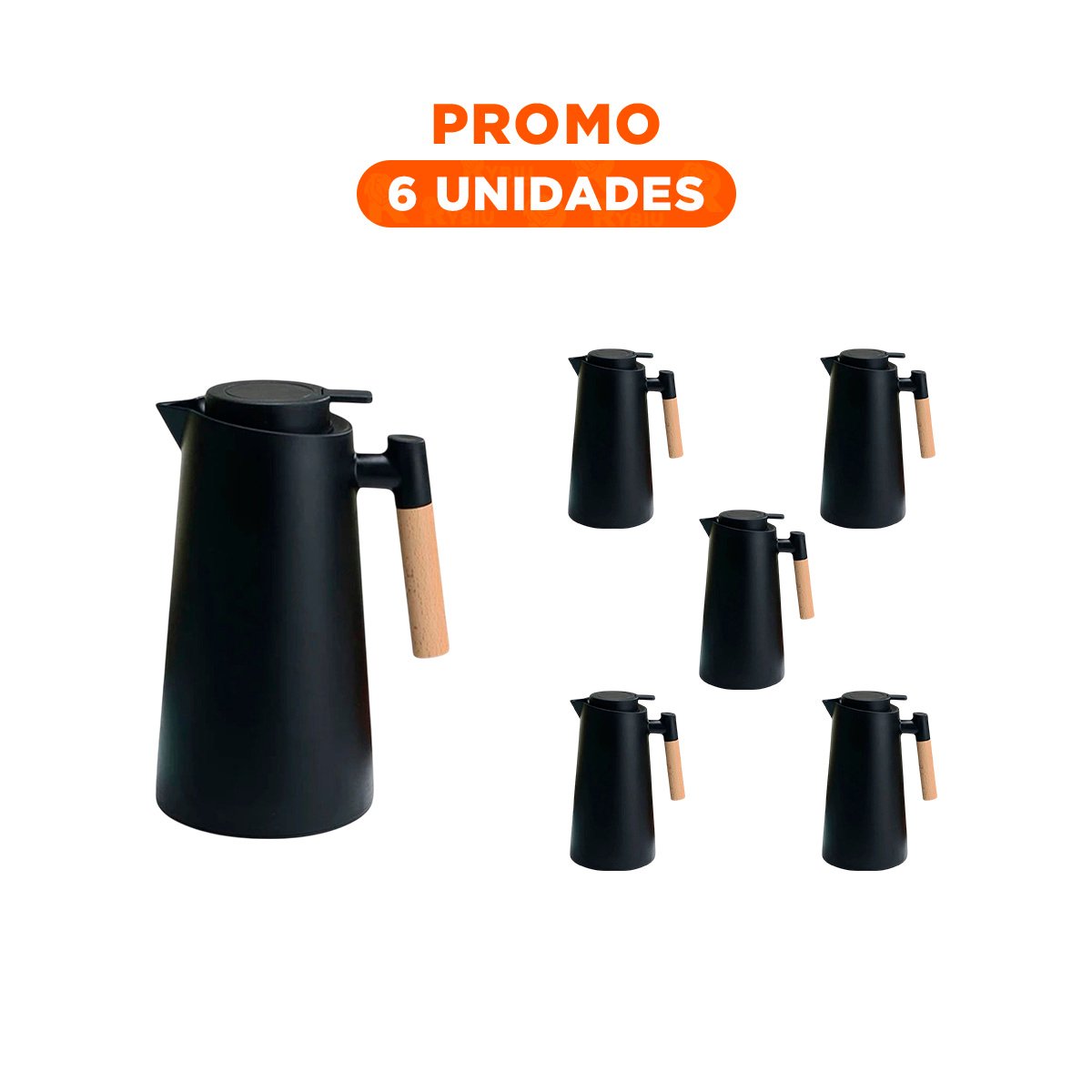 Pack6 Recipiente Termo 1L Color Negro Con Mango de Madera Con Diseno Moderno YRegalo Sticker