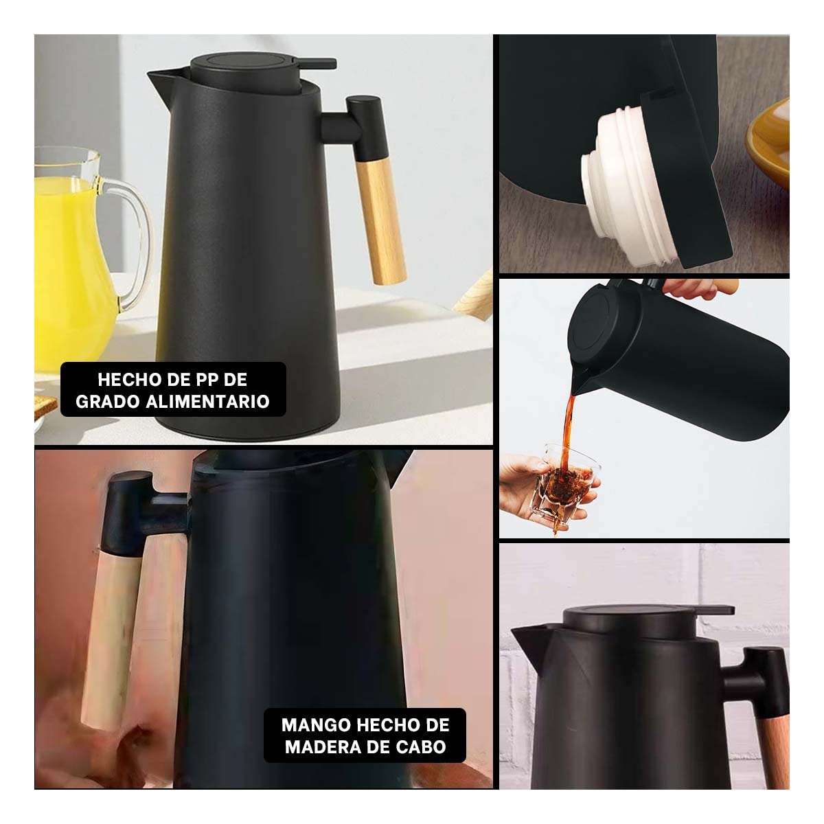 Recipiente Termo 1L Color Negro Con Mango de Madera Funcional Para Casa YLigas Regalo