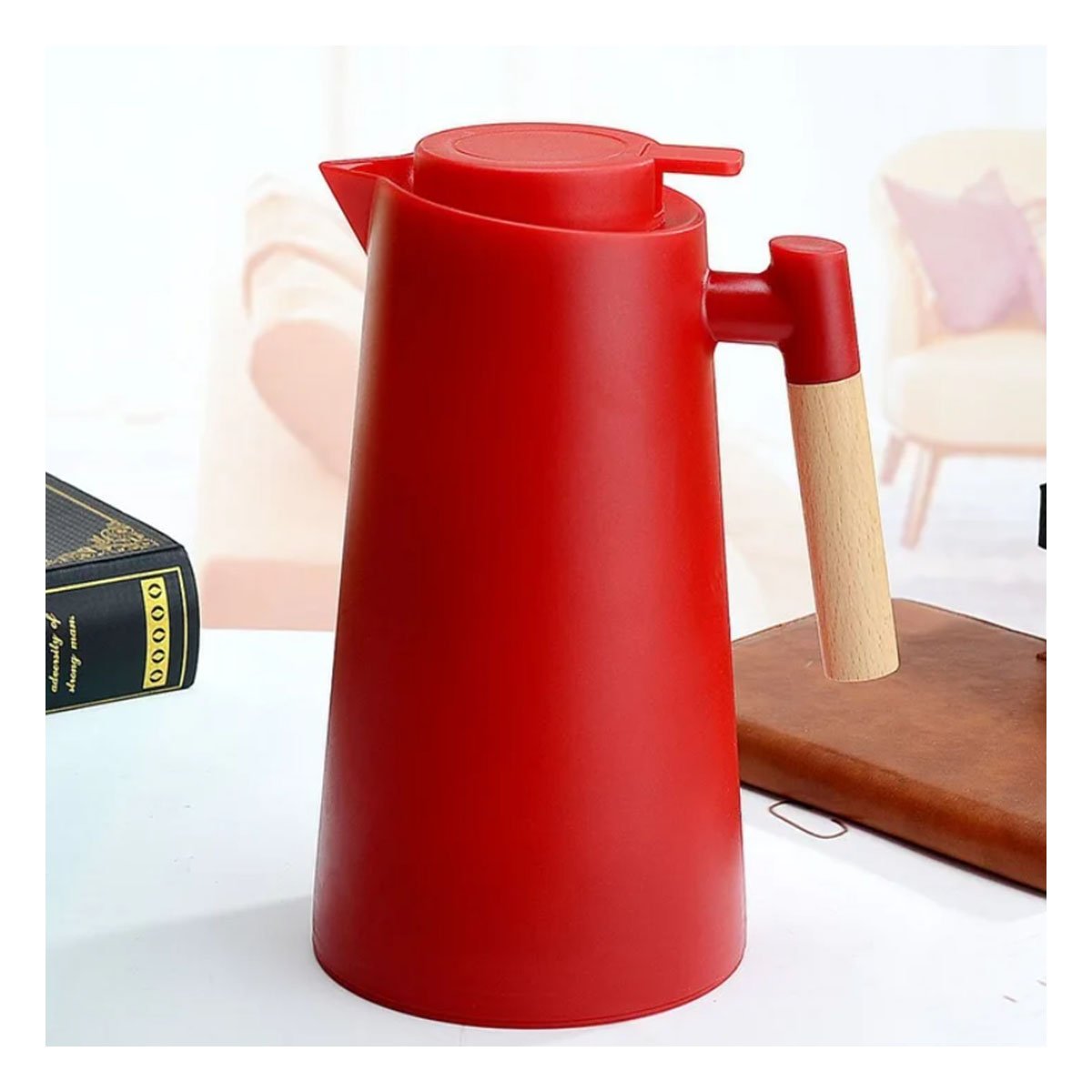 Jarra Termo 1L Color Rojo con Mango de Madera para Hogar y Cocina Y notas