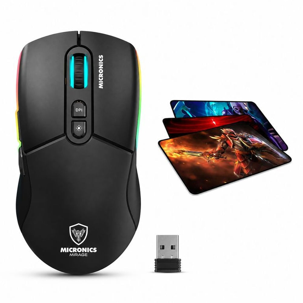 Mouse Gamer Micronics Inalambrico Recargable Mirage Led 7b 4800dpi + Pad Mouse Negro