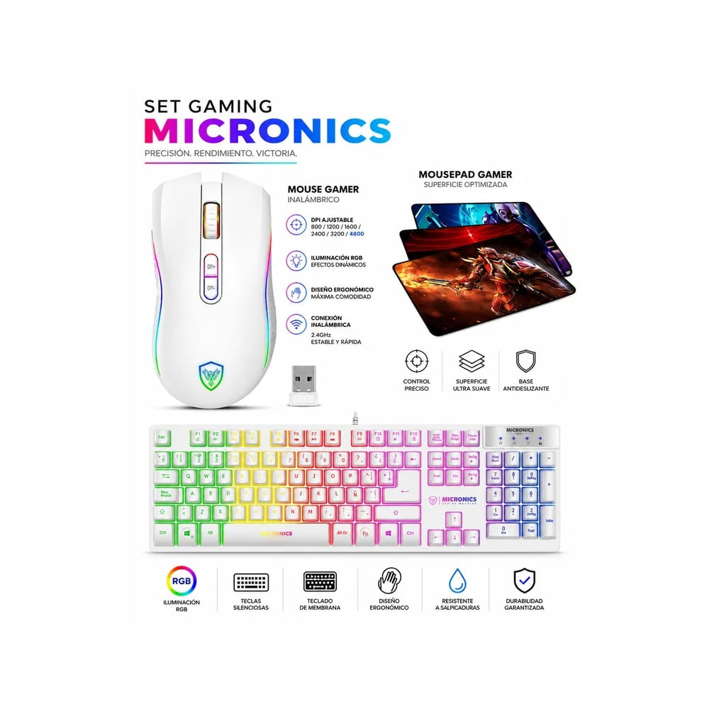 Kit Gamer Micronics 3 en 1: Teclado Neon + Mouse Kripton Inalambrico + Pad Mouse Blanco
