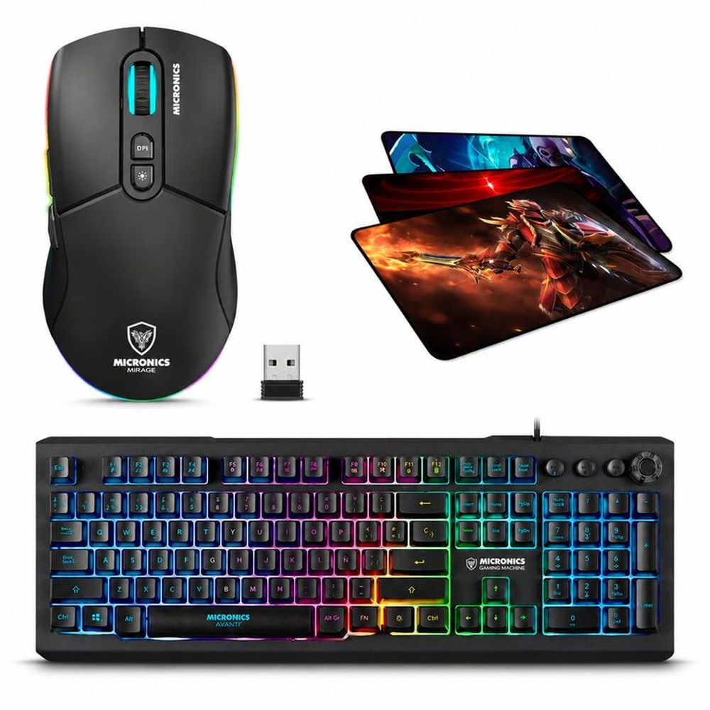Kit Gamer Micronics 3 en 1: Teclado Avanty + Mouse Mirage Inalambrico + Pad Mouse Negro