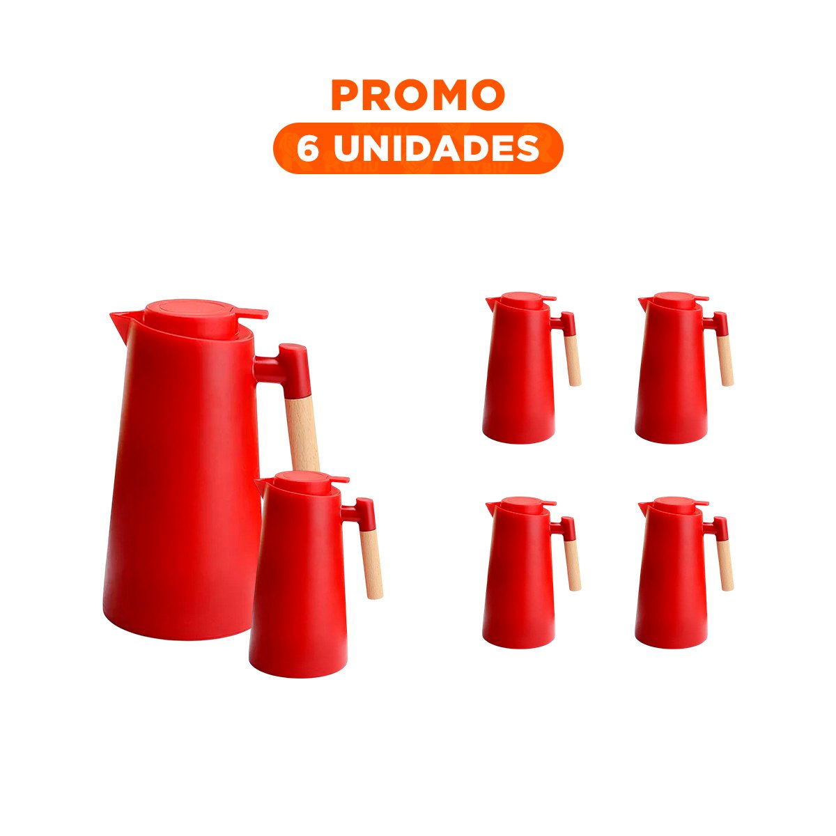 Pack6 Recipiente Termo 1L Color Rojo con Mango de Madera con Diseno Moderno YRegalo Sticker