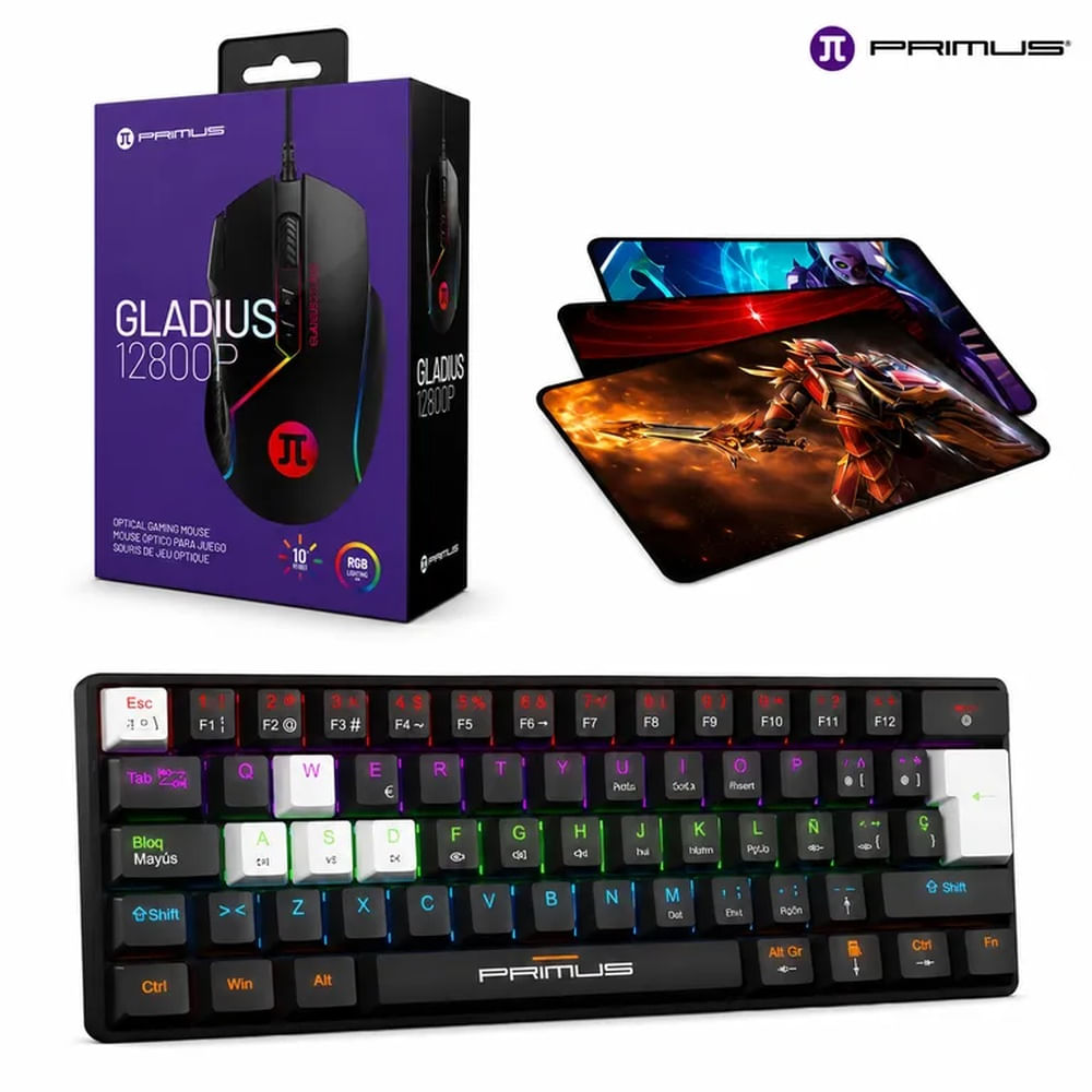 Kit Gamer Primus Gaming 3 en 1: Teclado Mecánico Ballista61T + Mouse Gladius 12800 + Pad Mouse Negro