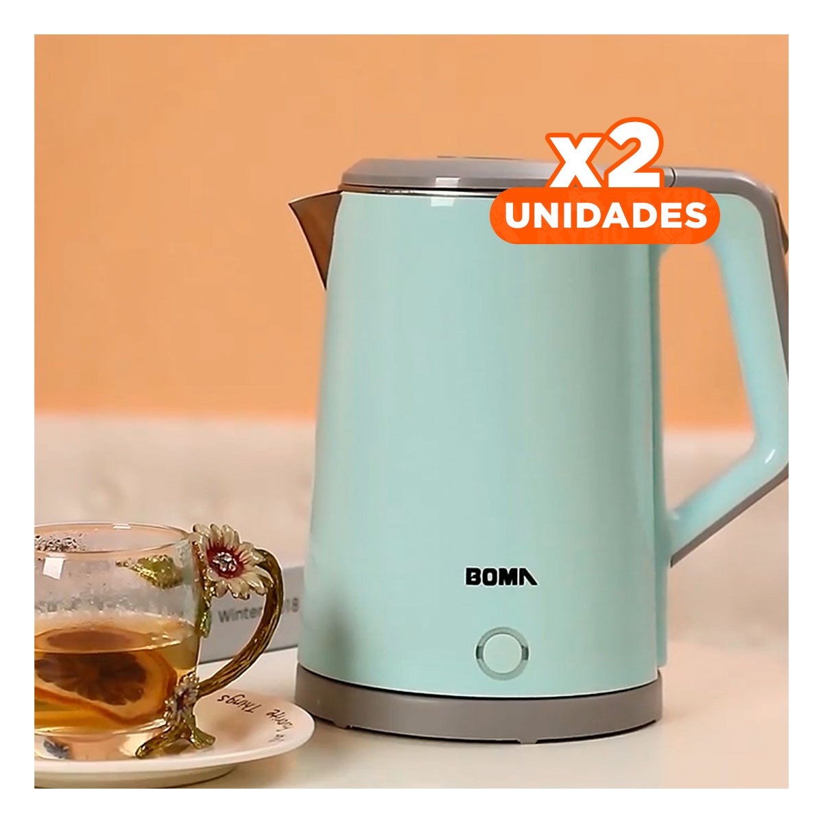 Pack2 Tetera Electrica de Gran Capacidad para Bebidas Calientes 2.3L Celeste Y Papel Regalo