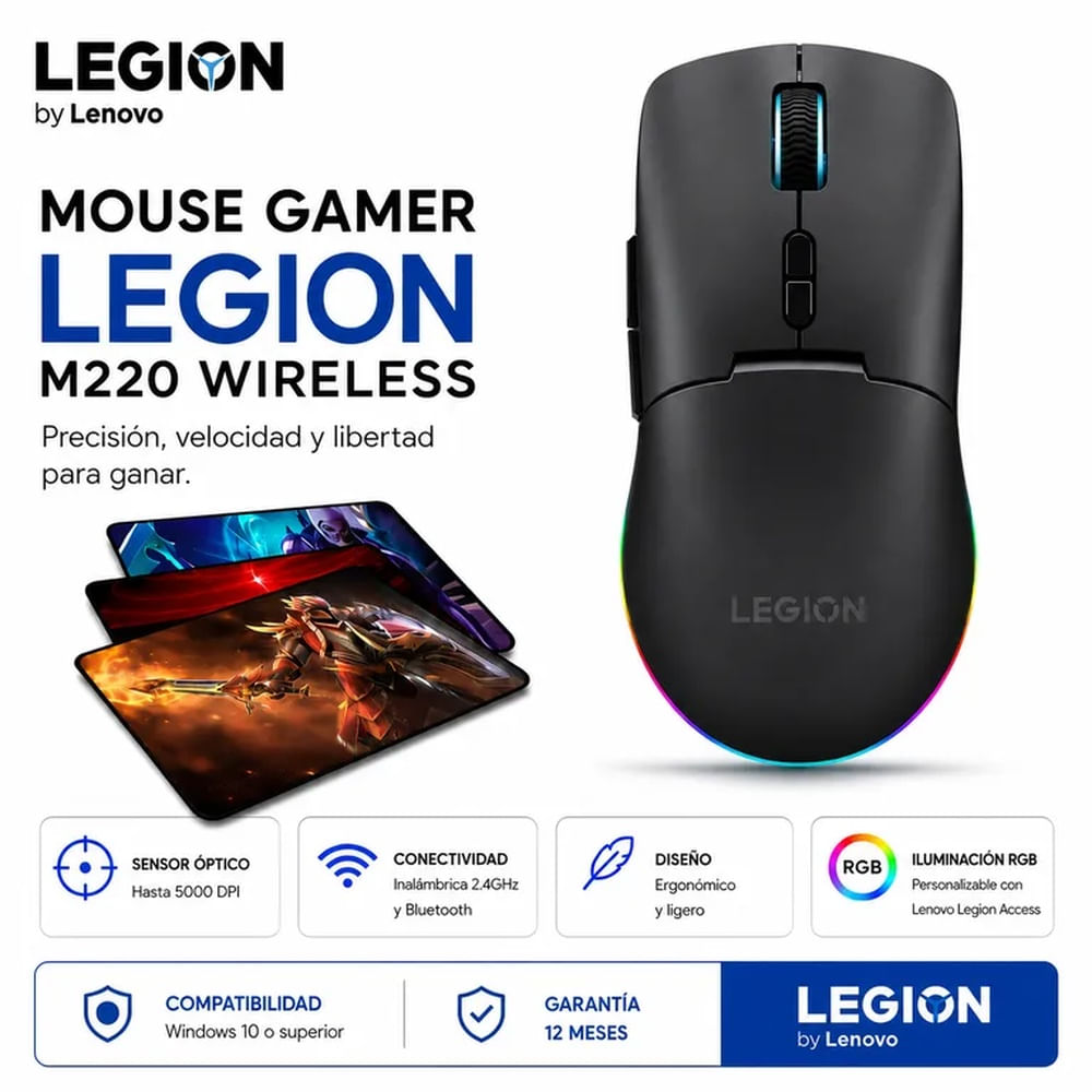 Mouse Gamer Inalámbrico Lenovo Legion M220 7b RGB 500dpi + Pad Mouse Negro