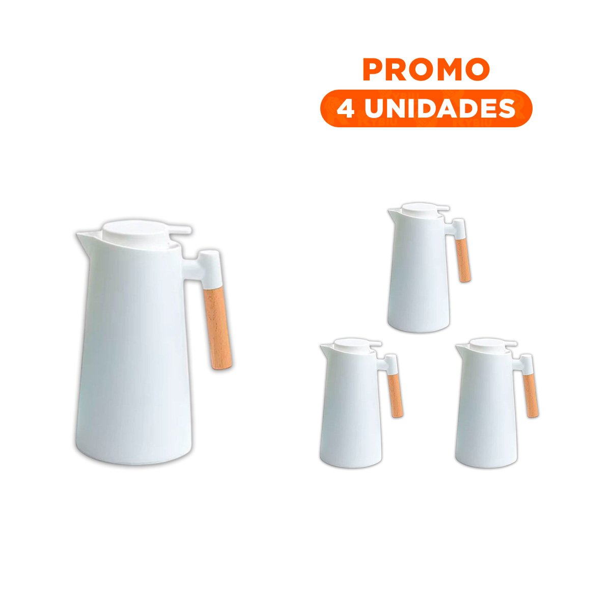 Pack4 Recipiente Termo 1L Color Blanco con Mango de Madera con Diseno Moderno y Elegante
